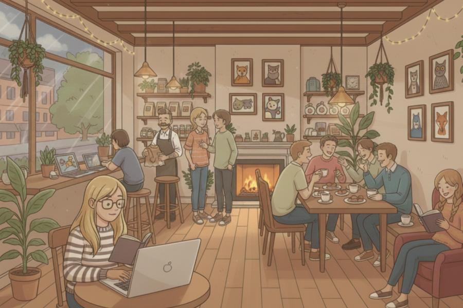 Illustration of a cozy café with plants and warm lights, where one person works on a laptop while others chat and relax near a fireplace.