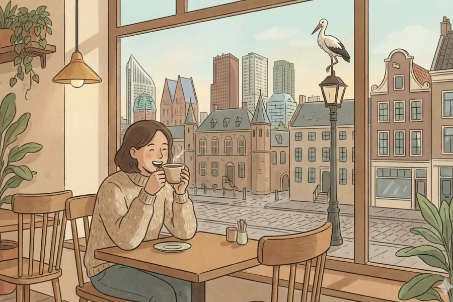Illustration of someone drinking coffee by a window overlooking The Hague skyline, with a stork perched on a streetlamp outside.