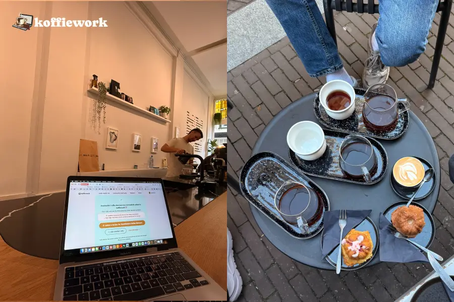 Duckrabbit in The Hague, split image: working on a laptop at the bar while a barista makes coffee, and an outdoor table with coffees and pastries.