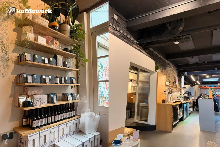 Roast Factory in The Hague, split image: shelves of coffee bags and plants, and a wide view of the industrial-style cafe interior and bar.
