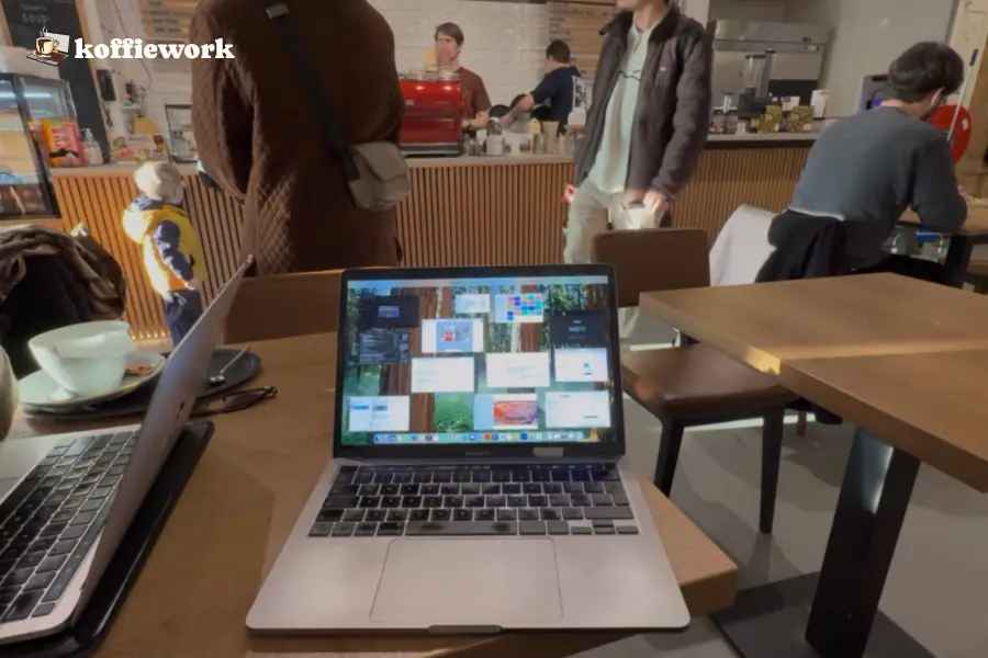 Working at Papan in The Hague: open laptops on a table facing a busy coffee bar with customers and a red espresso machine.