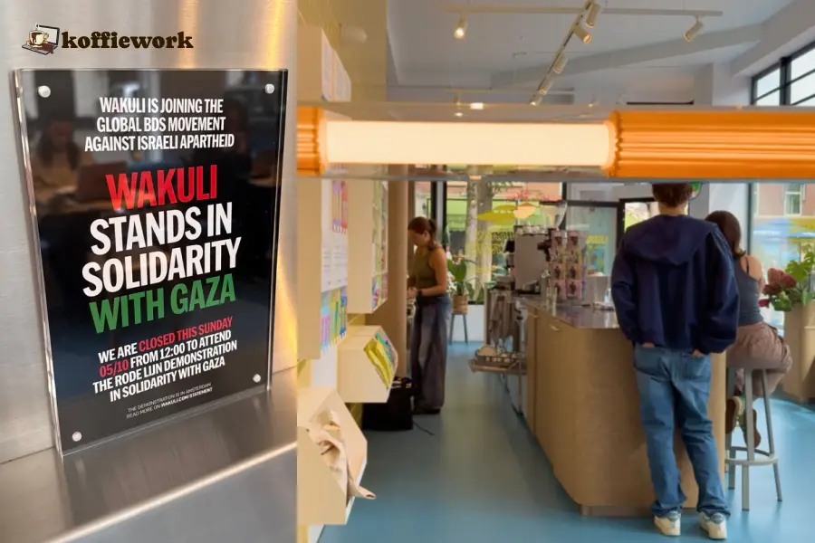 Wakuli in The Hague, split image: a sign about Wakuli’s solidarity with Gaza, and the bright cafe interior with customers at the counter.
