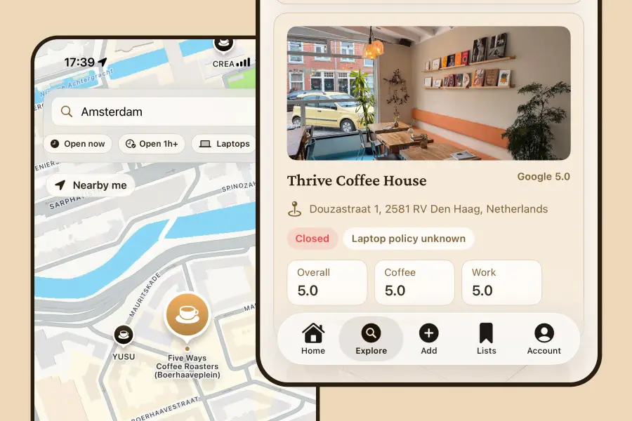 iPhone screen displaying a café detail page for “Thrive Coffee House,” including photo, address, status (closed), and ratings for overall, coffee, and work suitability.