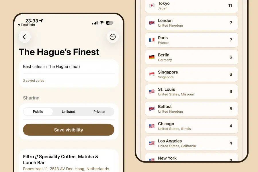 iPhone mockup showing a curated café list titled “The Hague’s Finest,” with sharing settings (public/unlisted/private) and a save visibility button.