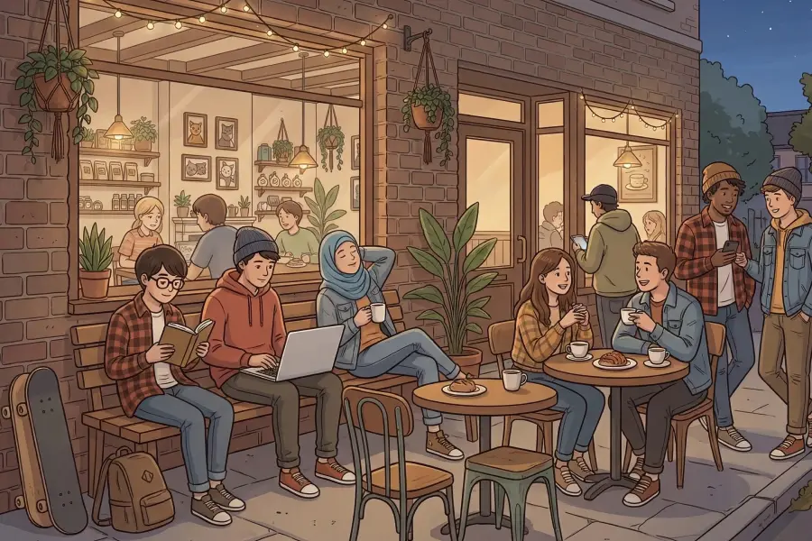 A cozy evening scene outside a café with warm lights and plants. Several young adults sit and stand around small tables—some chatting over coffee and pastries, others reading or using laptops and phones—creating a relaxed, social “third place” atmosphere.