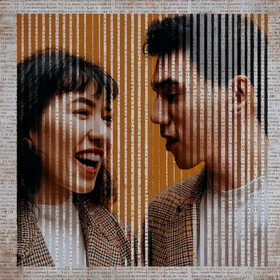 A smiling man and woman looking at one another with a textured vertical stripe overlay.