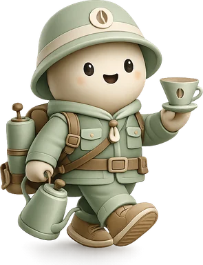 A cute mint-green coffee explorer mascot walking cheerfully while holding a small pour-over coffee dripper and a gooseneck kettle. The playful character wears an explorer hat, backpack, and outdoor outfit in soft pastel tones, designed in a rounded premium illustration style inspired by specialty coffee branding.