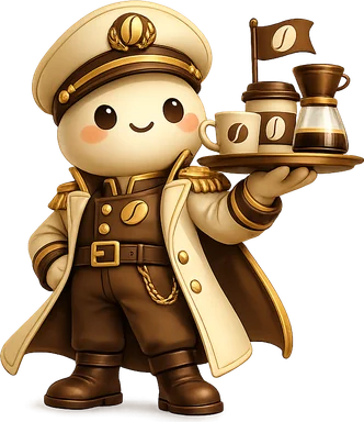 A cute gender-neutral mascot character called Cafe Commander wearing a stylish coffee-inspired captain outfit in warm caramel, cream, and brown tones. The smiling rounded character has simple black eyes, rosy cheeks, and a captain hat with a coffee bean emblem. It confidently holds a tray with specialty coffee items including a coffee cup, takeaway cup, and pour-over brewer with a tiny coffee flag. The illustration has soft rounded shapes, subtle shadows, and a premium dribbble-style specialty coffee branding aesthetic.