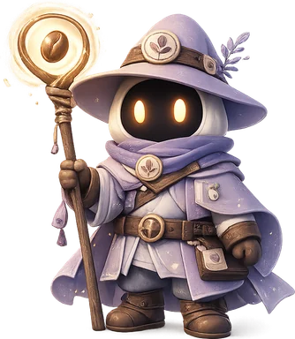 Whimsical coffee-themed mascot character called Roast Ranger, designed in a soft lavender and pastel blue palette. The character wears a ranger-inspired cloak and wide-brimmed hat with coffee bean details, holding a glowing staff shaped like a roasted coffee bean. Styled as a premium specialty coffee illustration with rounded shapes, soft shadows, and a collectible dribbble-style aesthetic on a transparent background.